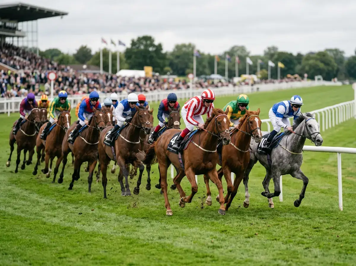 Large field of thoroughbred racehorses and jockeys galloping down the straight in a competitive UK handicap race on turf